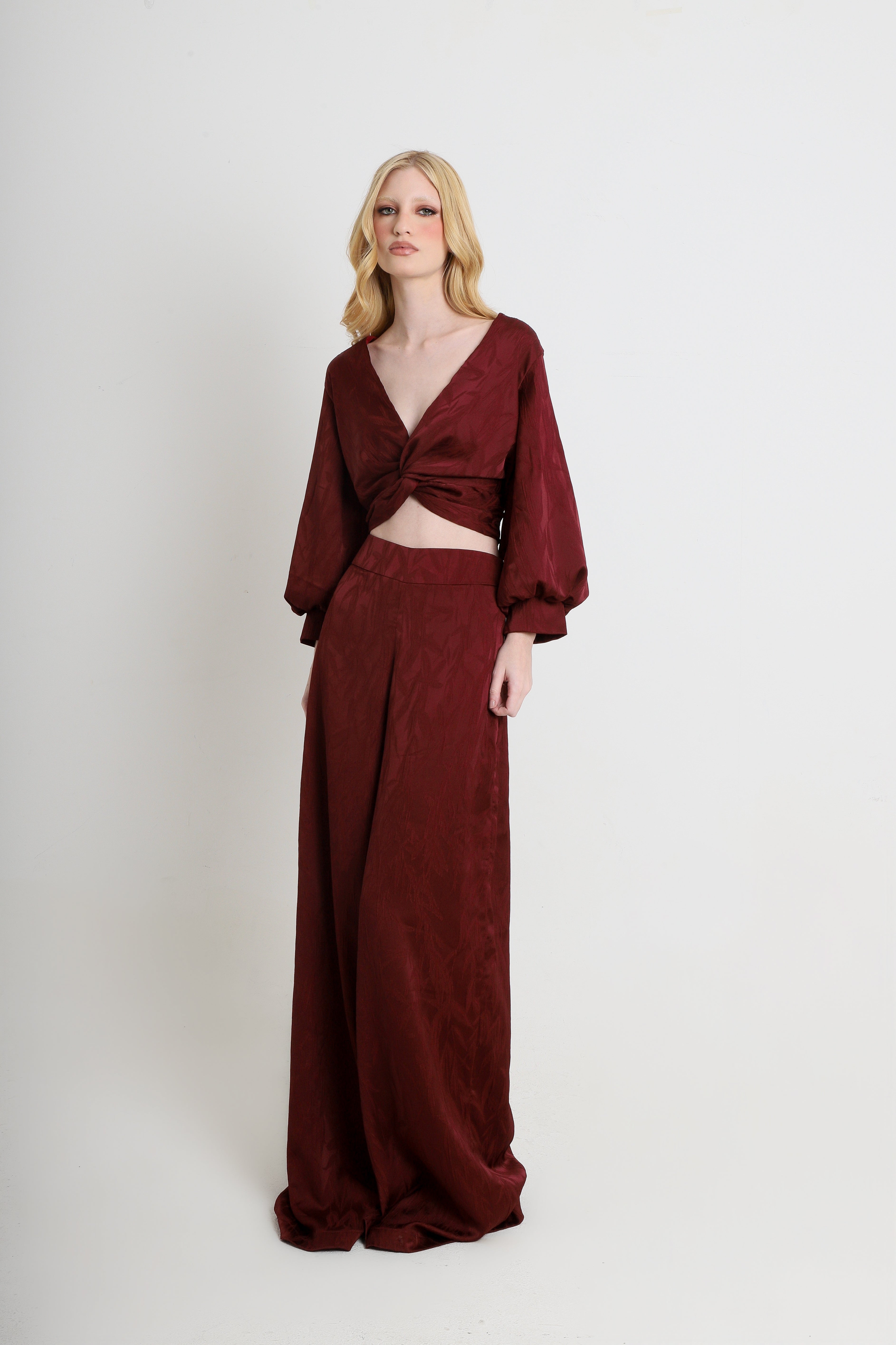 Calça Pantalona Jacquard Bordô