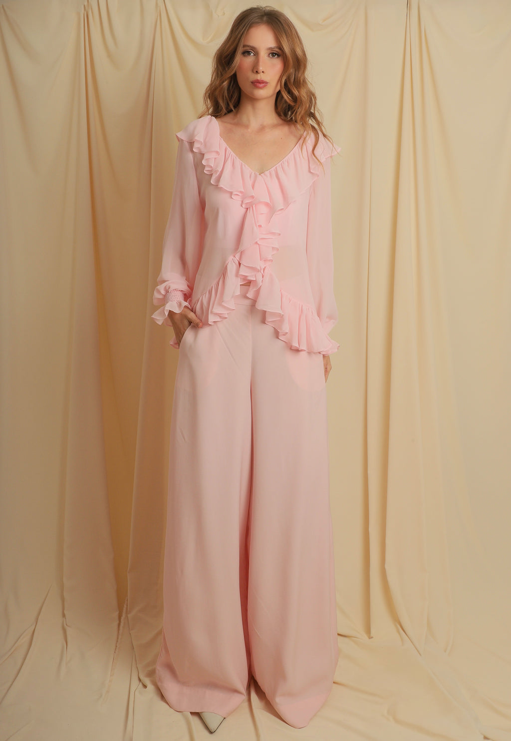Calça Pantalona Rosa Crepe