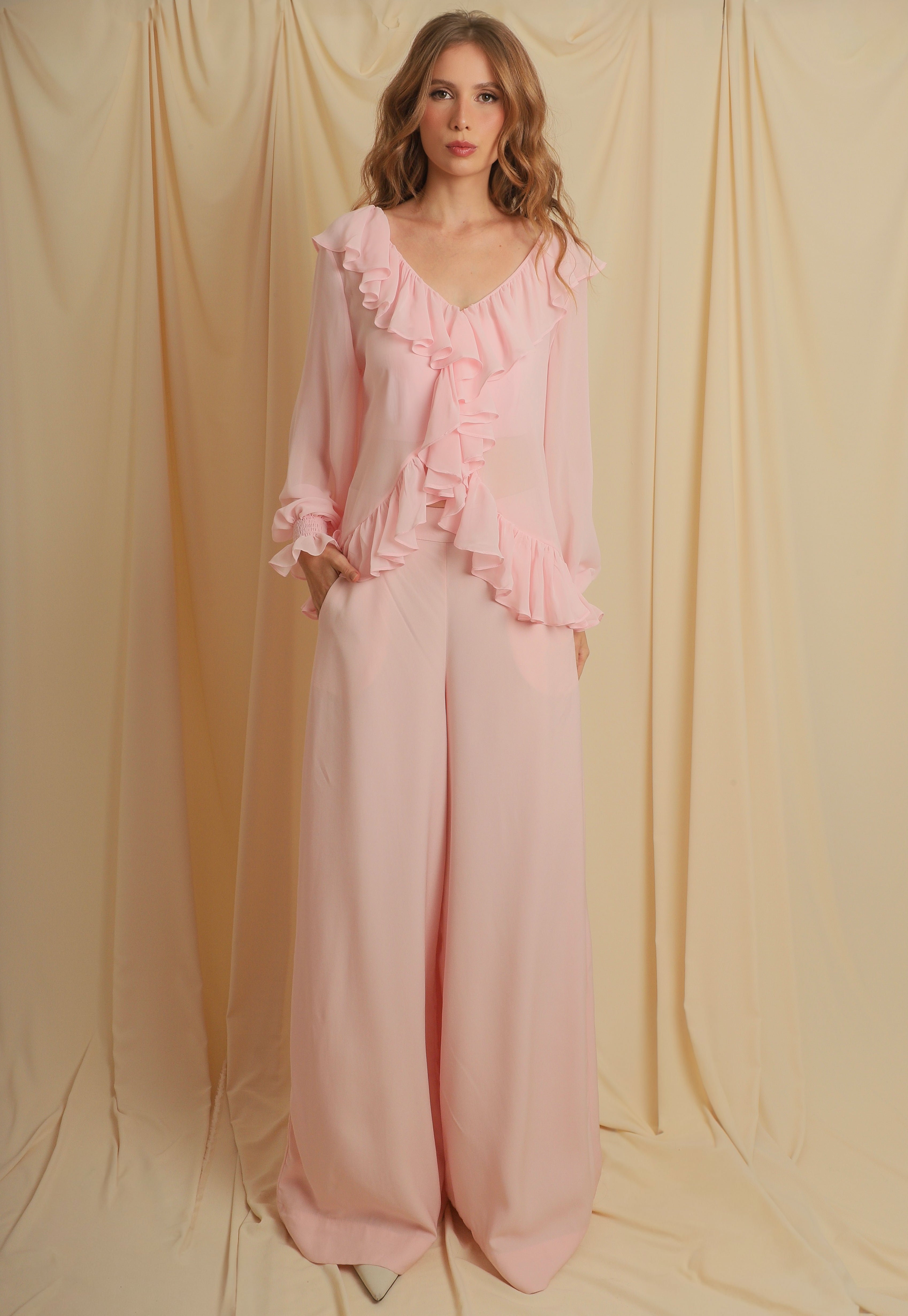 Calça Pantalona Rosa Crepe