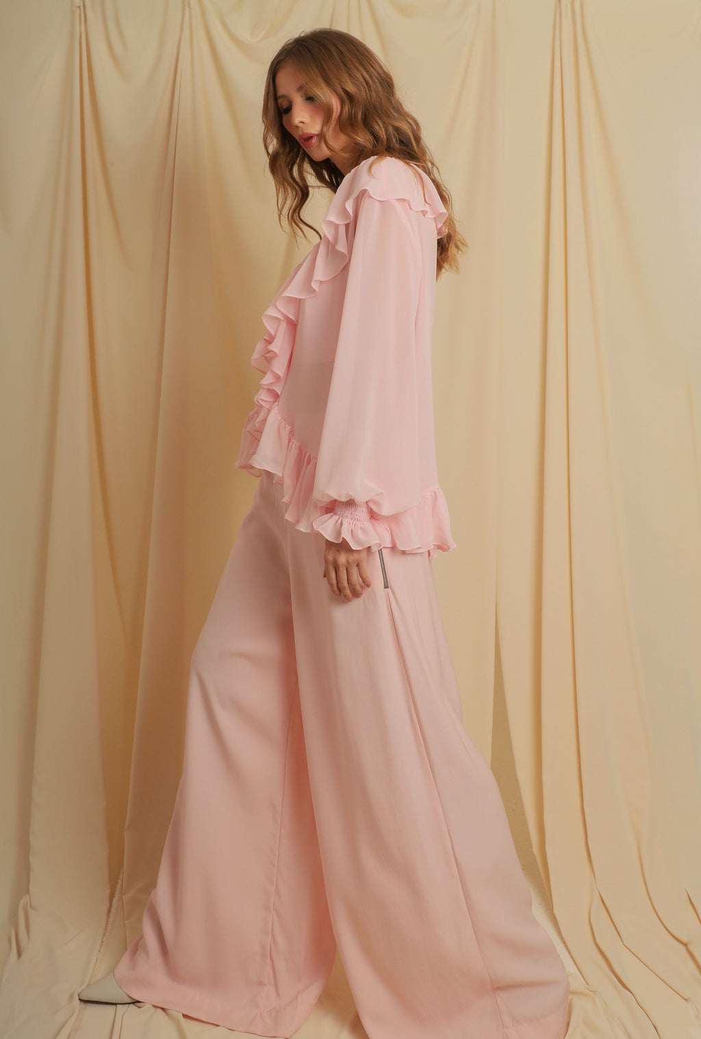 Calça Pantalona Rosa Crepe
