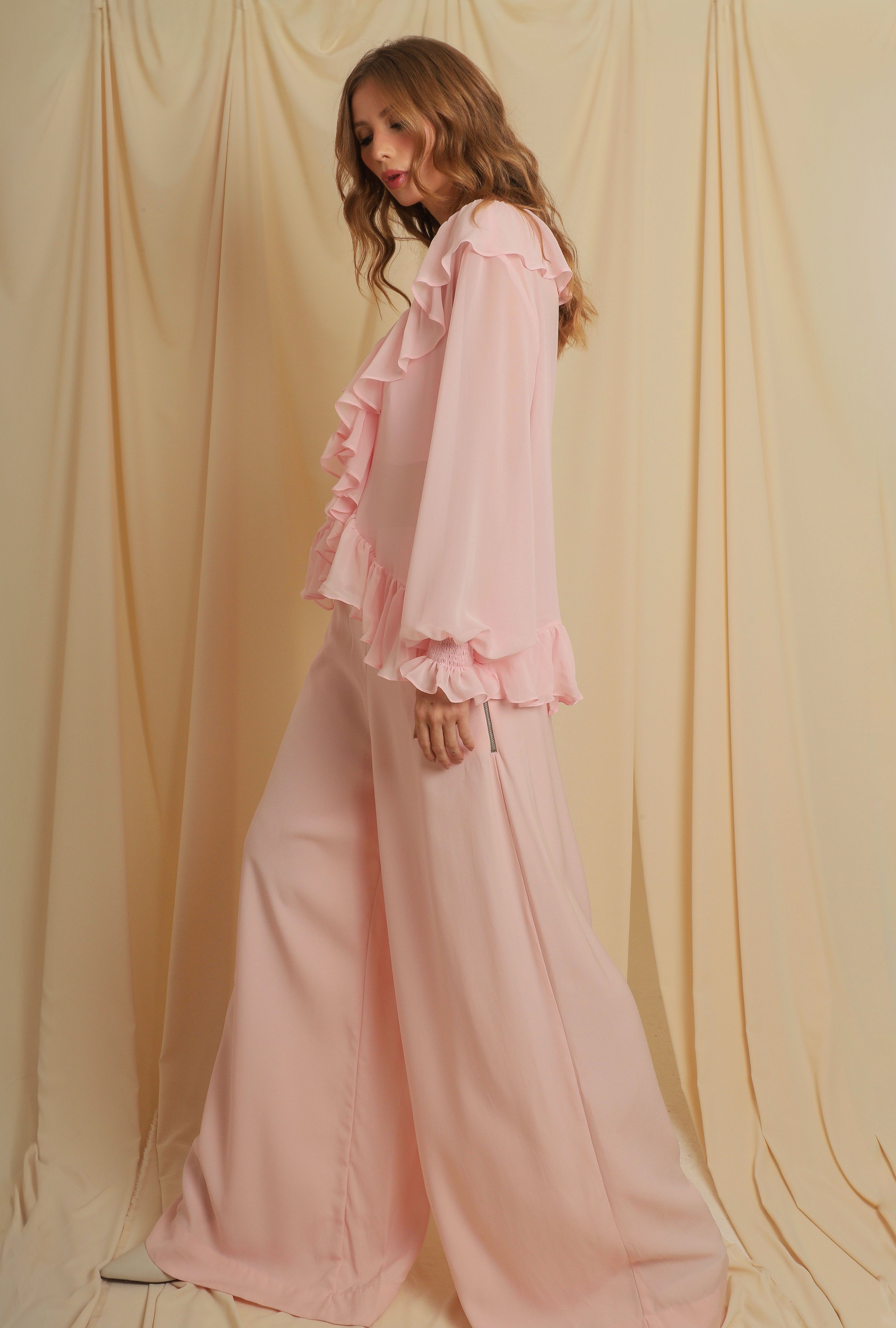 Calça Pantalona Rosa Crepe