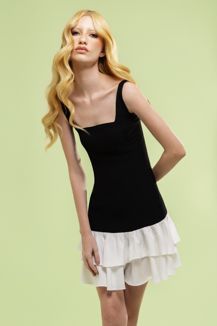 Vestido Dafne Preto e Branco Crepe